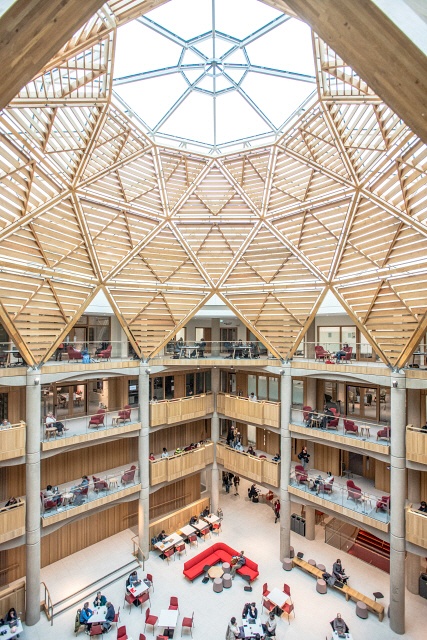Roof detail and seating area below inside the Schwarzman Centre